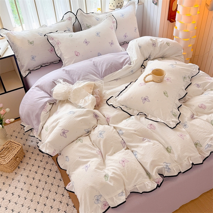 91家纺网 家纺一手货源 找家纺 艾特你 2025新款云感皱皱双层纱黑色包边四件套 黑边-炫彩蝴蝶