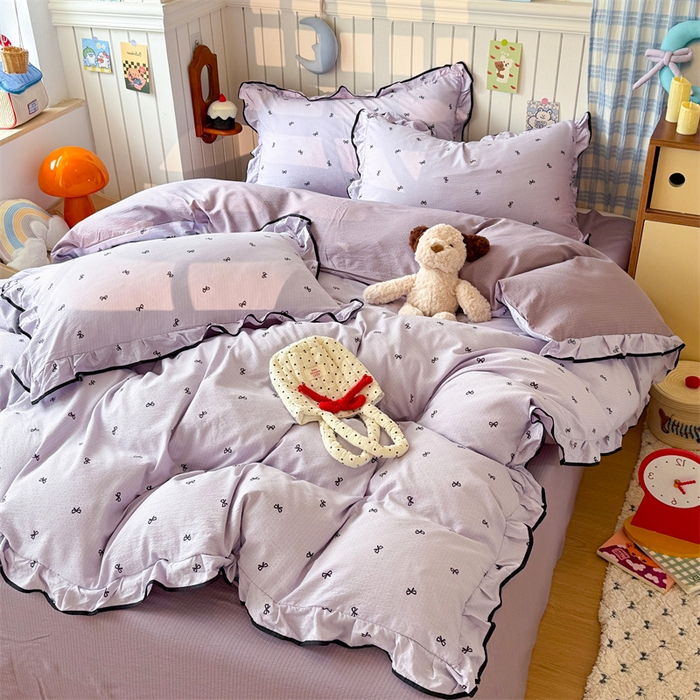 91家纺网 家纺一手货源 找家纺 艾特你 2025新款云感皱皱双层纱黑色包边四件套 黑边-芋泥波波