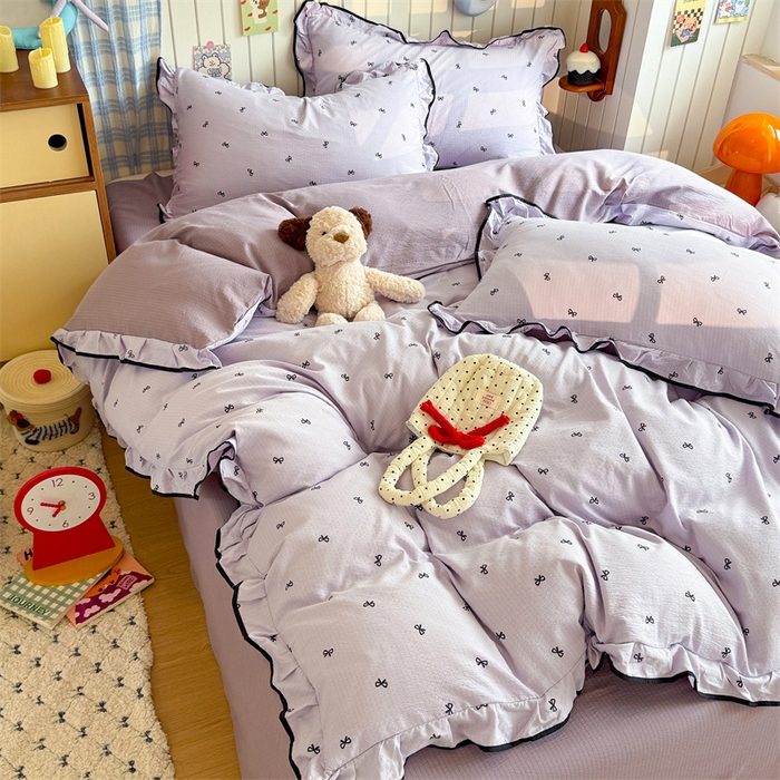 91家纺网 家纺一手货源 找家纺 艾特你 2025新款云感皱皱双层纱黑色包边四件套 黑边-芋泥波波