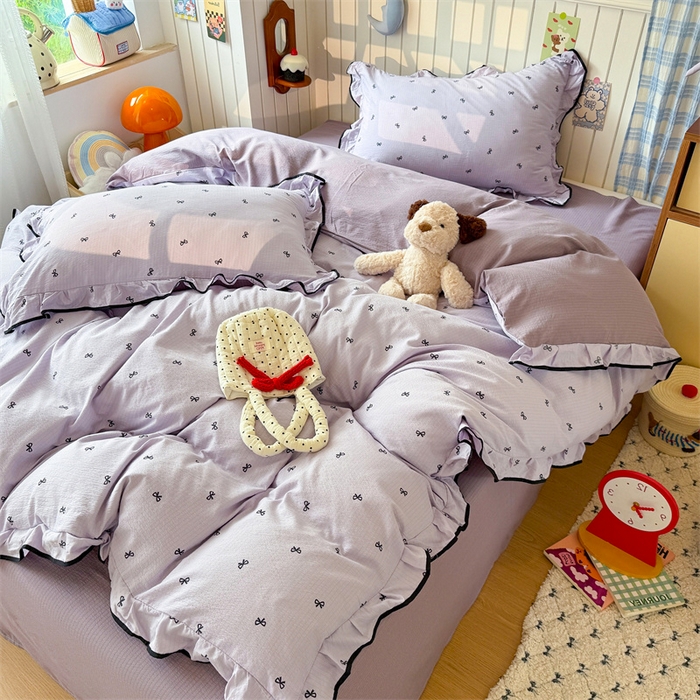 91家纺网 家纺一手货源 找家纺 艾特你 2025新款云感皱皱双层纱黑色包边四件套 黑边-芋泥波波