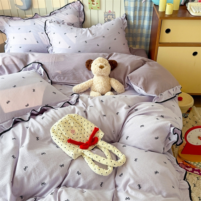 91家纺网 家纺一手货源 找家纺 艾特你 2025新款云感皱皱双层纱黑色包边四件套 黑边-芋泥波波