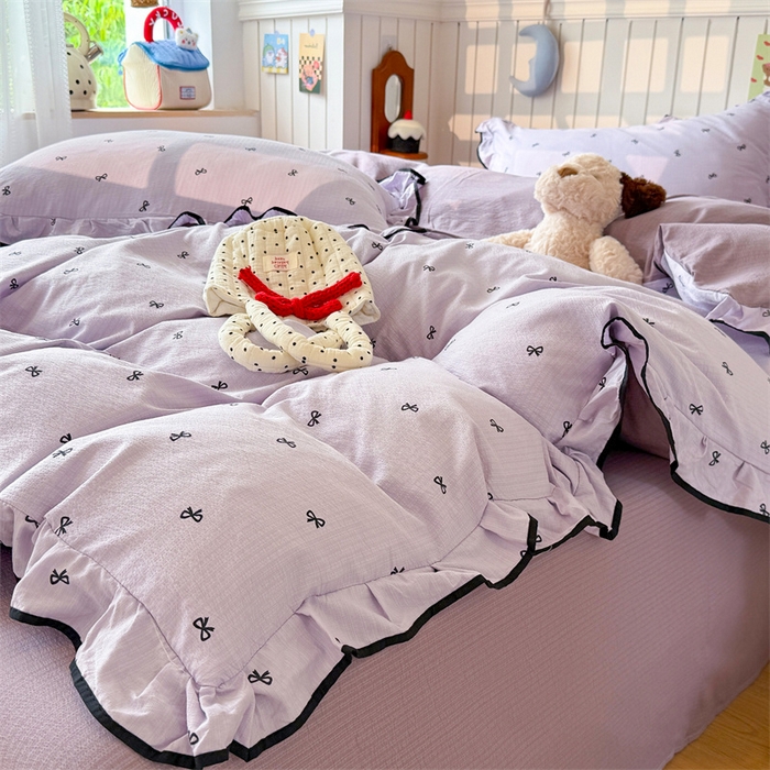 91家纺网 家纺一手货源 找家纺 艾特你 2025新款云感皱皱双层纱黑色包边四件套 黑边-芋泥波波