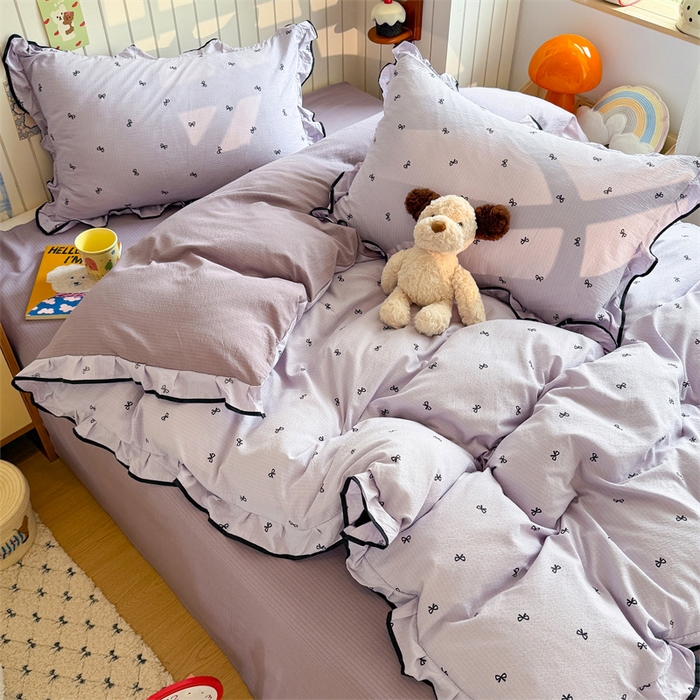 91家纺网 家纺一手货源 找家纺 艾特你 2025新款云感皱皱双层纱黑色包边四件套 黑边-芋泥波波