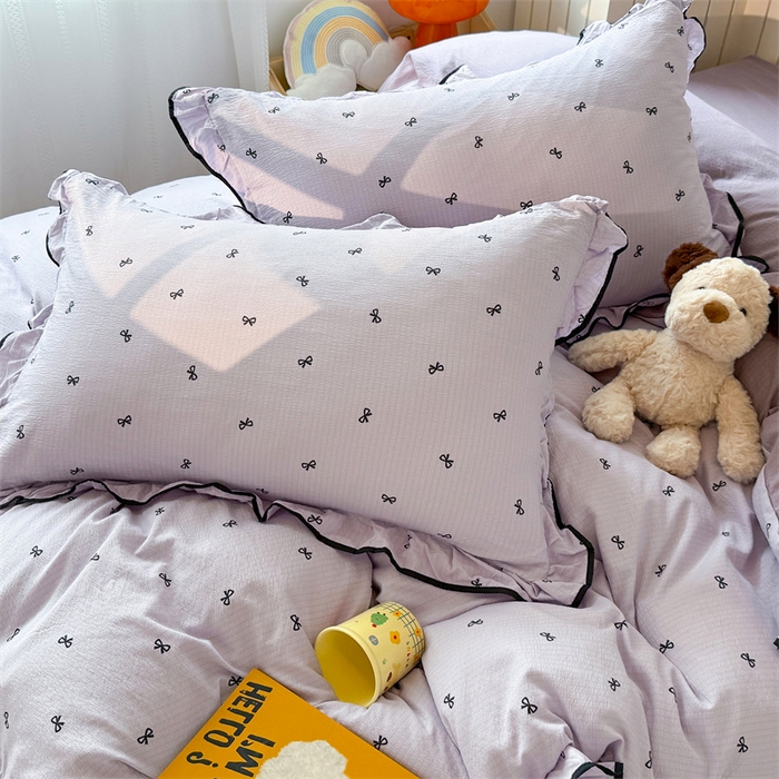 91家纺网 家纺一手货源 找家纺 艾特你 2025新款云感皱皱双层纱黑色包边四件套 黑边-芋泥波波