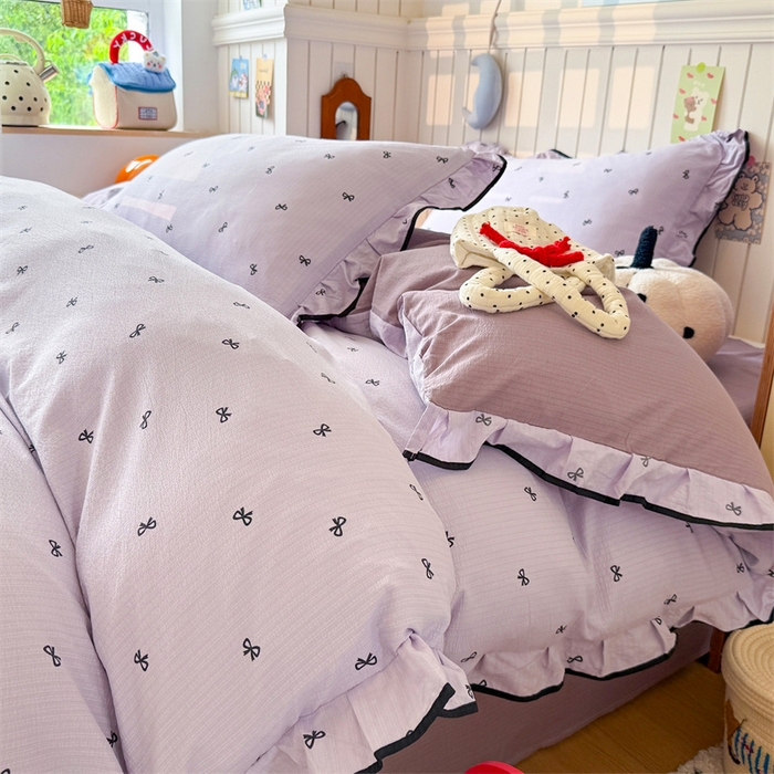 91家纺网 家纺一手货源 找家纺 艾特你 2025新款云感皱皱双层纱黑色包边四件套 黑边-芋泥波波