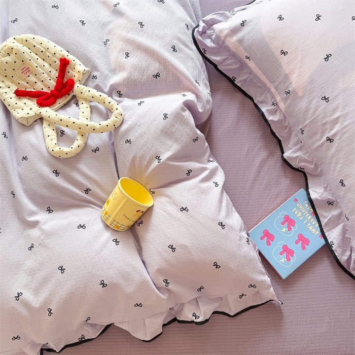 91家纺网 家纺一手货源 找家纺 艾特你 2025新款云感皱皱双层纱黑色包边四件套 黑边-芋泥波波