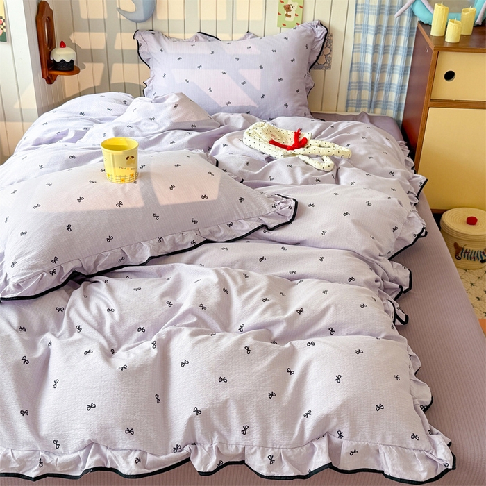 91家纺网 家纺一手货源 找家纺 艾特你 2025新款云感皱皱双层纱黑色包边四件套 黑边-芋泥波波