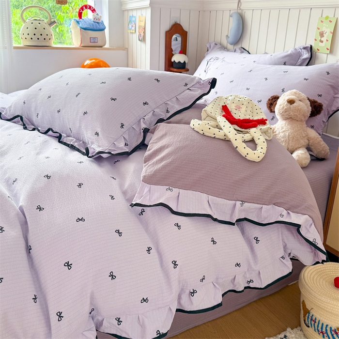 91家纺网 家纺一手货源 找家纺 艾特你 2025新款云感皱皱双层纱黑色包边四件套 黑边-芋泥波波