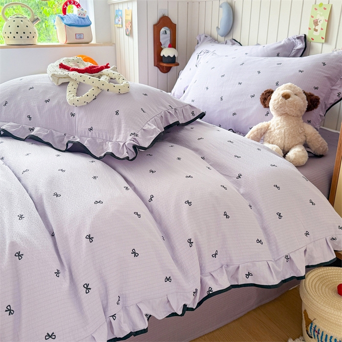 91家纺网 家纺一手货源 找家纺 艾特你 2025新款云感皱皱双层纱黑色包边四件套 黑边-芋泥波波