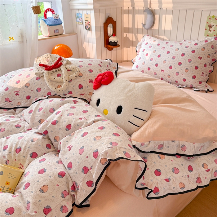 91家纺网 家纺一手货源 找家纺 艾特你 2025新款云感皱皱双层纱黑色包边四件套 黑边-芝士莓莓