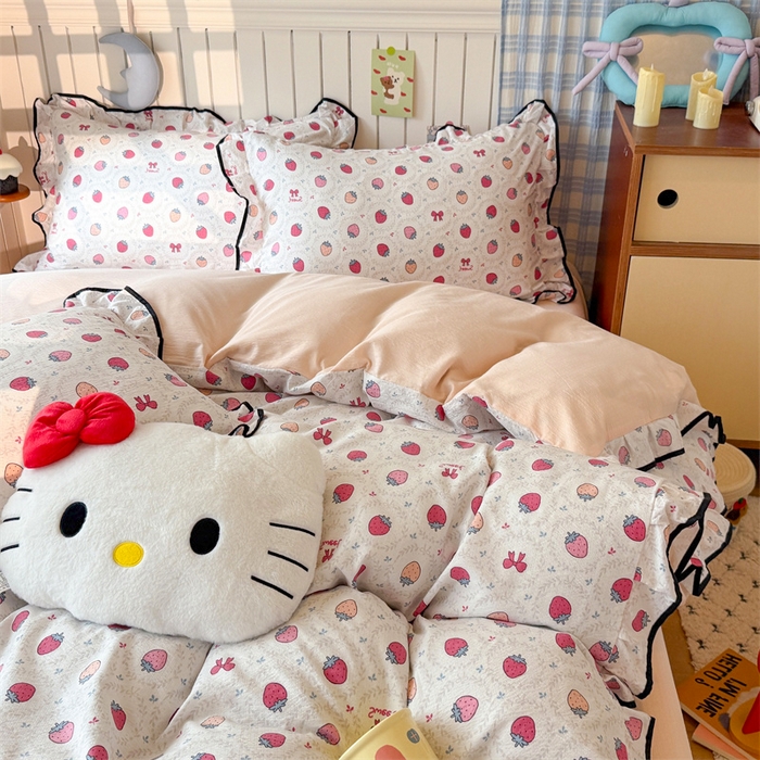 91家纺网 家纺一手货源 找家纺 艾特你 2025新款云感皱皱双层纱黑色包边四件套 黑边-芝士莓莓