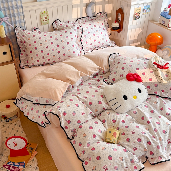 91家纺网 家纺一手货源 找家纺 艾特你 2025新款云感皱皱双层纱黑色包边四件套 黑边-芝士莓莓