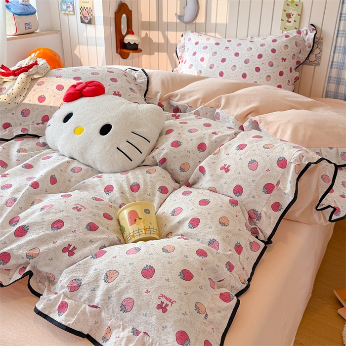 91家纺网 家纺一手货源 找家纺 艾特你 2025新款云感皱皱双层纱黑色包边四件套 黑边-芝士莓莓