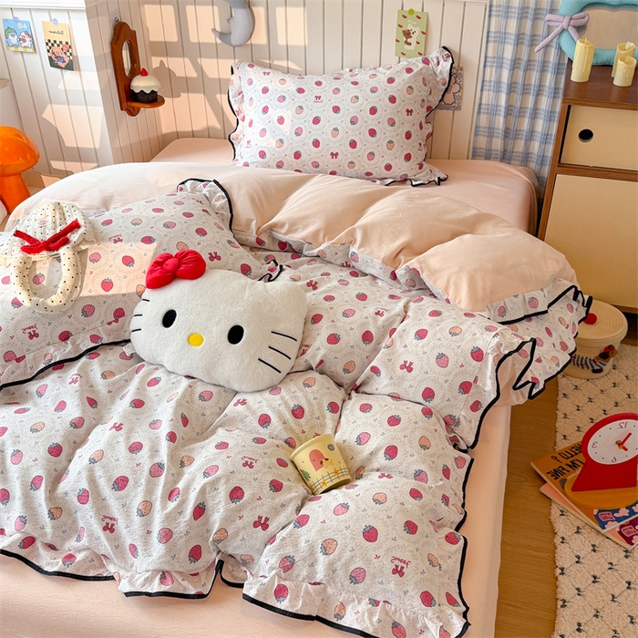 91家纺网 家纺一手货源 找家纺 艾特你 2025新款云感皱皱双层纱黑色包边四件套 黑边-芝士莓莓