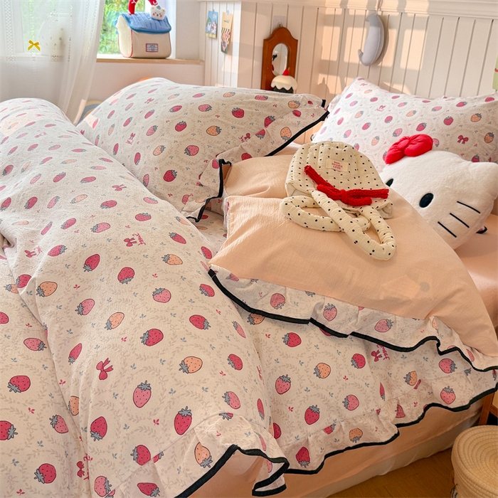 91家纺网 家纺一手货源 找家纺 艾特你 2025新款云感皱皱双层纱黑色包边四件套 黑边-芝士莓莓