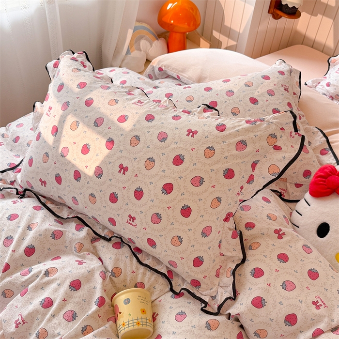 91家纺网 家纺一手货源 找家纺 艾特你 2025新款云感皱皱双层纱黑色包边四件套 黑边-芝士莓莓