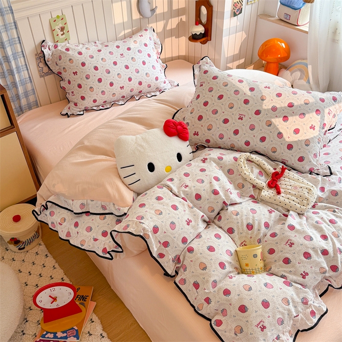 91家纺网 家纺一手货源 找家纺 艾特你 2025新款云感皱皱双层纱黑色包边四件套 黑边-芝士莓莓