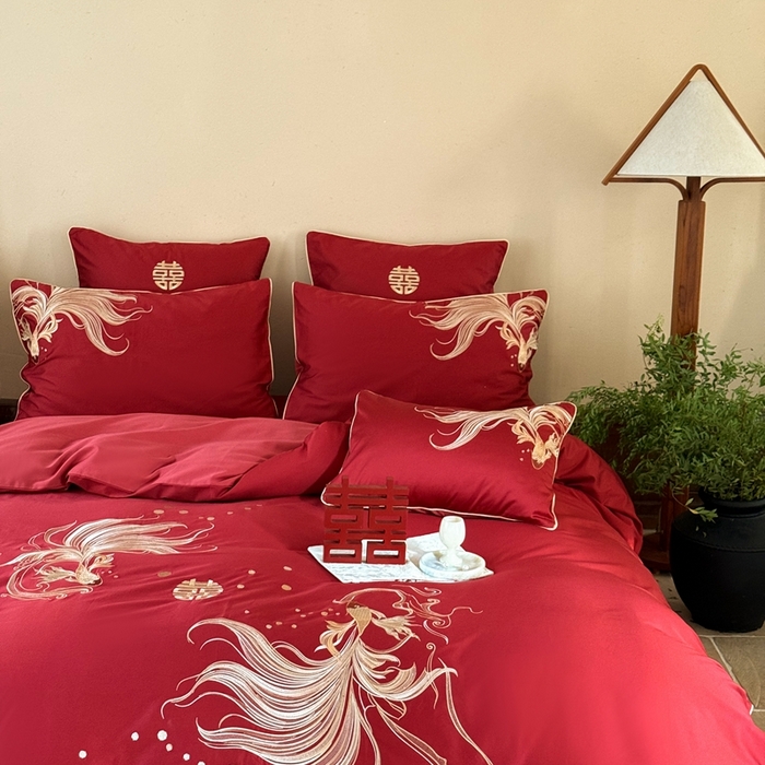 91家纺网 家纺一手货源 找家纺 （总）西西家居 2025新款100支长绒棉纯棉高精密提花拼接婚庆四件套-吉庆有鱼