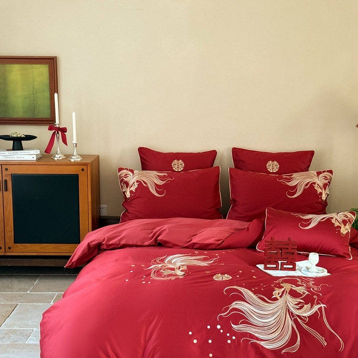 91家纺网 家纺一手货源 找家纺 （总）西西家居 2025新款100支长绒棉纯棉高精密提花拼接婚庆四件套-吉庆有鱼