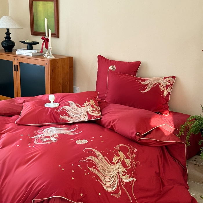 91家纺网 家纺一手货源 找家纺 （总）西西家居 2025新款100支长绒棉纯棉高精密提花拼接婚庆四件套-吉庆有鱼