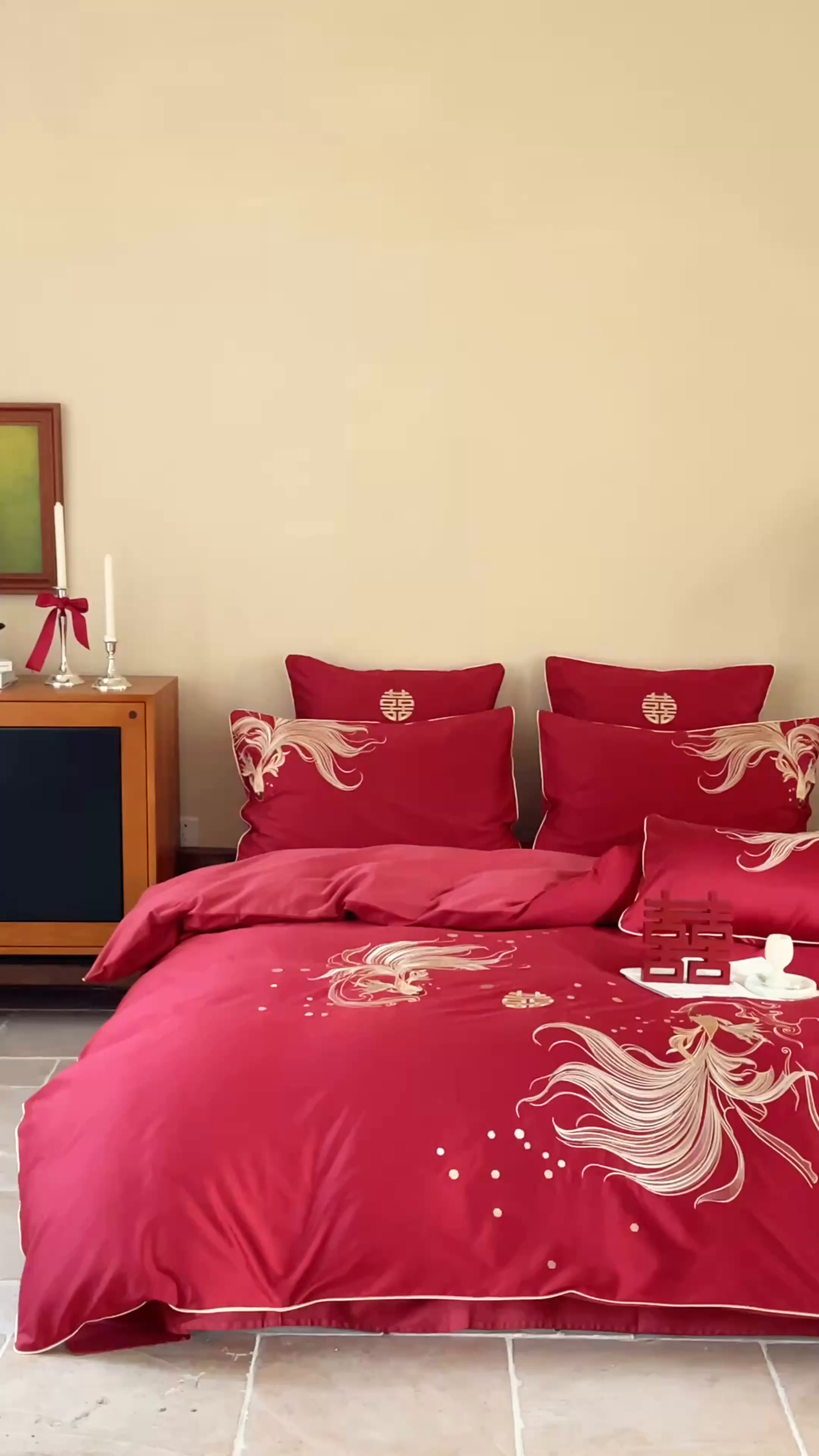 91家纺网 家纺一手货源 找家纺 （总）西西家居 2025新款100支长绒棉纯棉高精密提花拼接婚庆四件套-吉庆有鱼