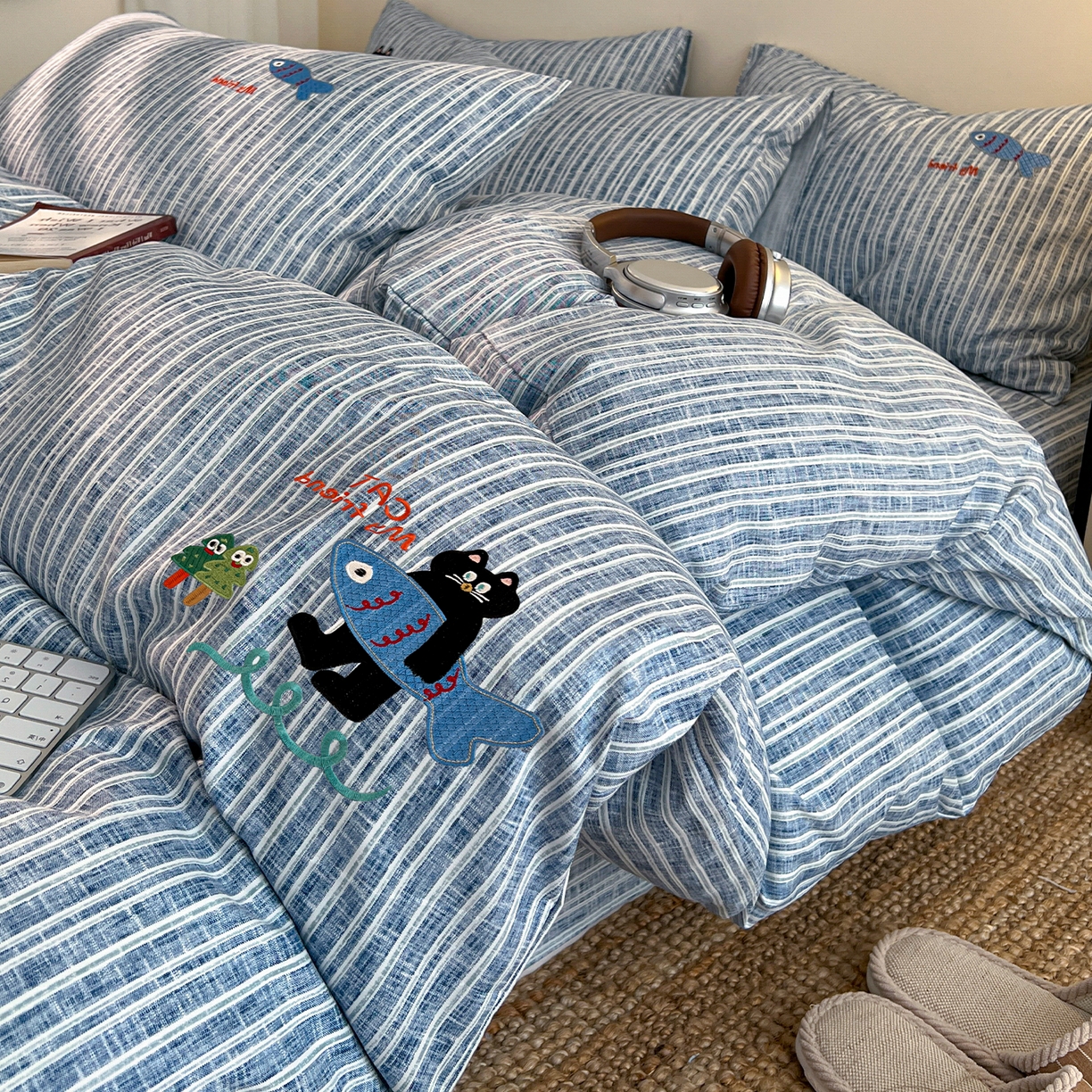 （总）奥汀洛家纺 2025新款ins小清新生态棉麻刺绣四件套 小黑猫系列