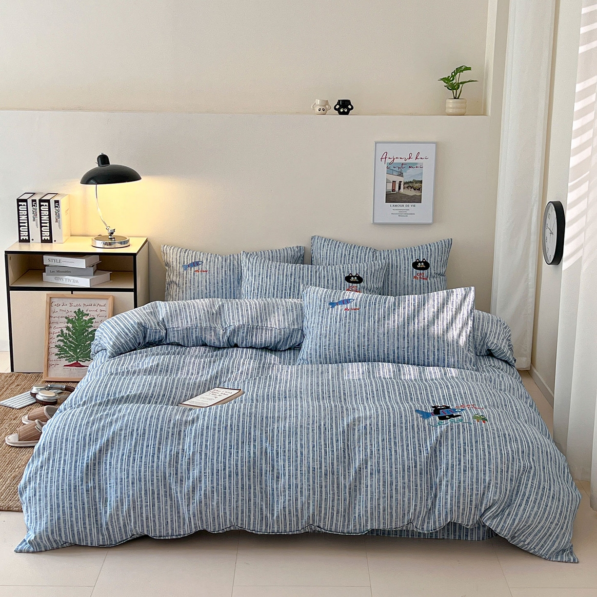 91家纺网 家纺一手货源 找家纺 奥汀洛家纺 2025新款ins小清新生态棉麻刺绣四件套 小黑猫系列 小黑猫-蓝