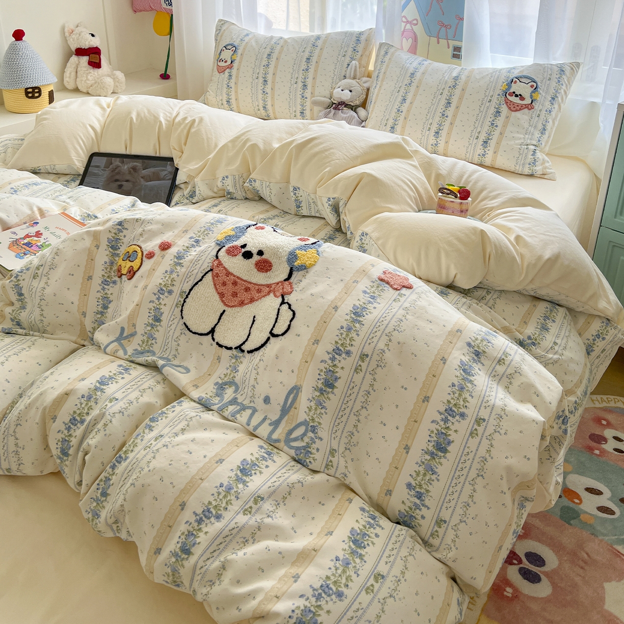 奥汀洛家纺 2025新款斜纹云感棉毛巾绣四件套 呆萌高地