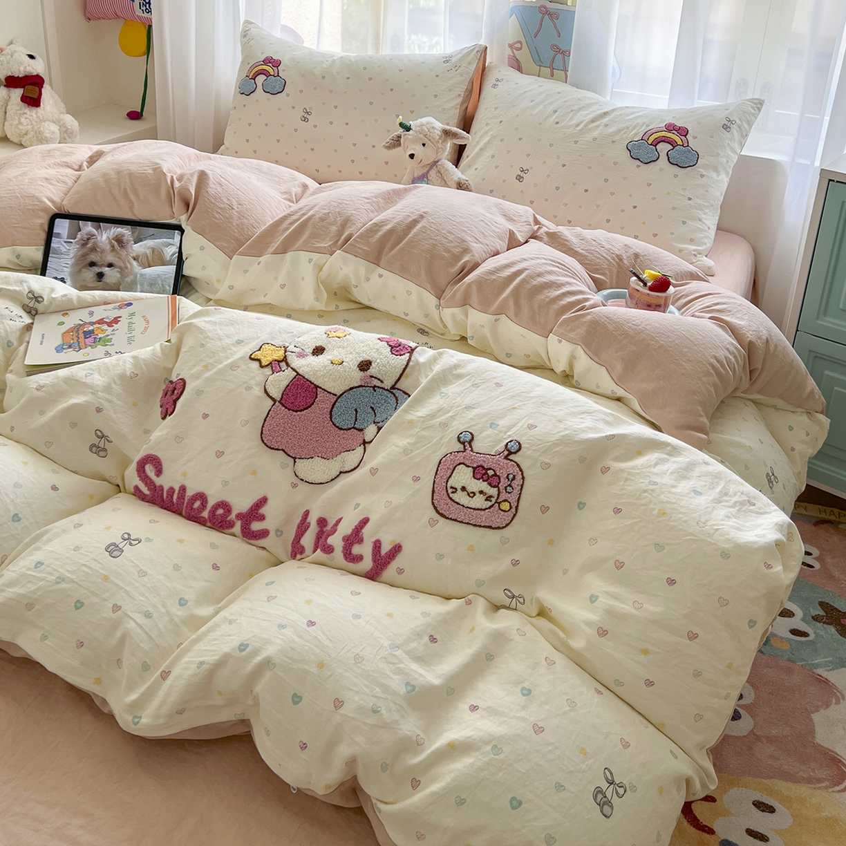 奥汀洛家纺 2025新款斜纹云感棉毛巾绣四件套 甜心KT