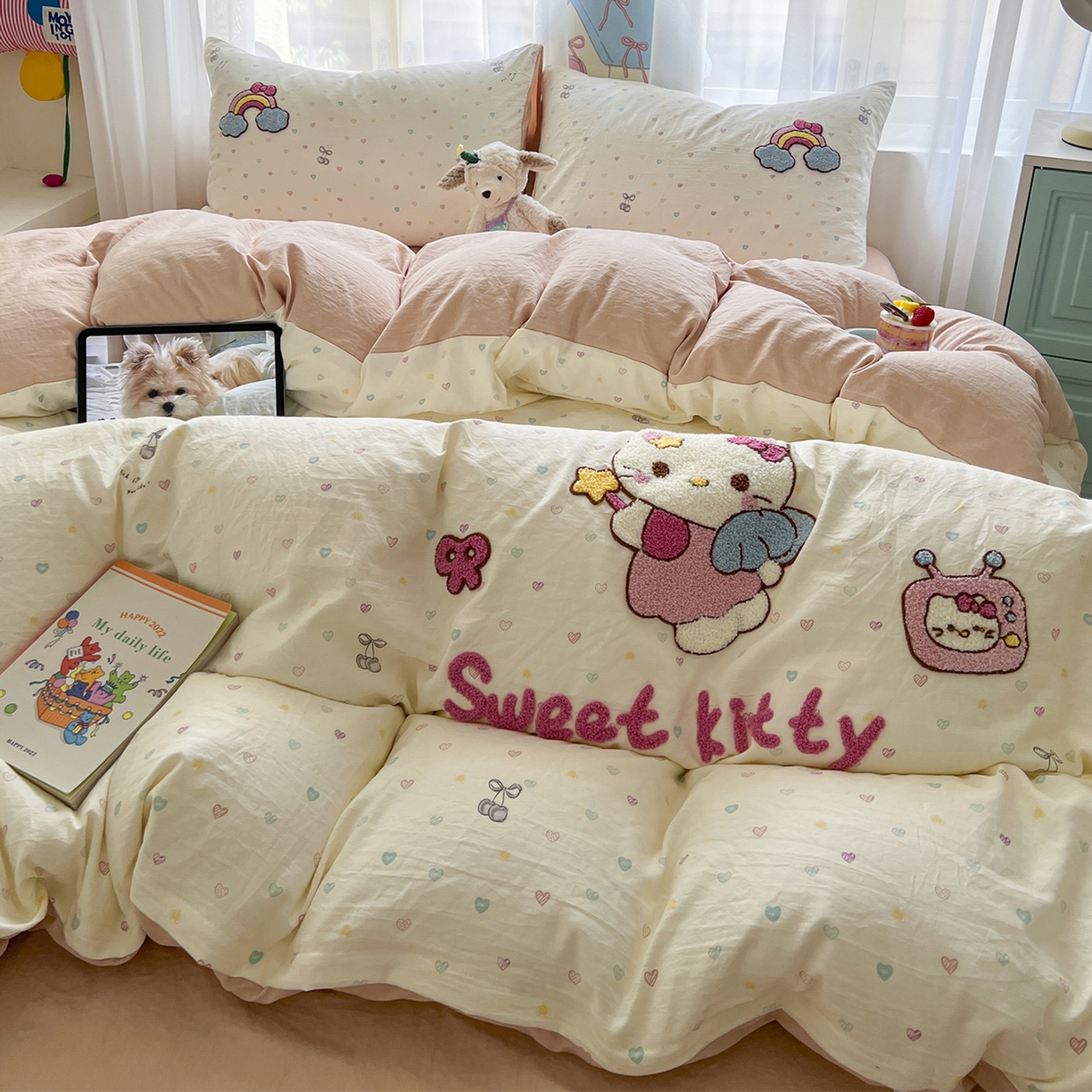 91家纺网 家纺一手货源 找家纺 奥汀洛家纺 2025新款斜纹云感棉毛巾绣四件套 甜心KT