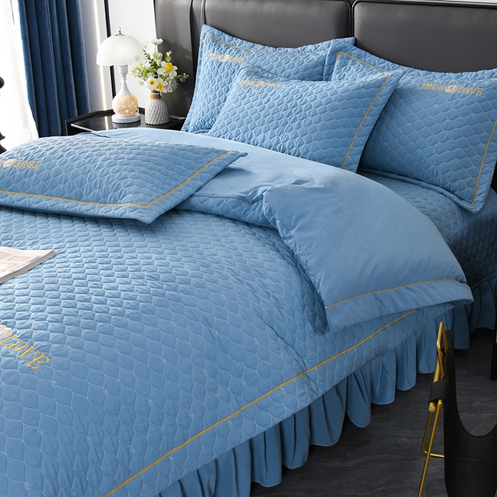 91家纺网 家纺一手货源 找家纺 代芙家纺 2025新款锦棉床盖四件套-压线款 花香-压线款-绅士蓝