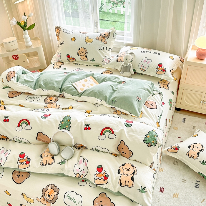 91家纺网 家纺一手货源 找家纺 金盛纺 2025新款全棉印花四件套 动物园