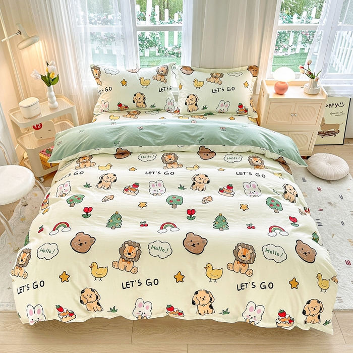 91家纺网 家纺一手货源 找家纺 金盛纺 2025新款全棉印花四件套 动物园