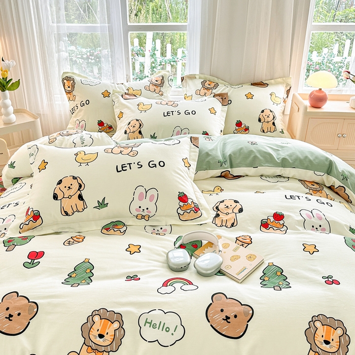 91家纺网 家纺一手货源 找家纺 金盛纺 2025新款全棉印花四件套 动物园