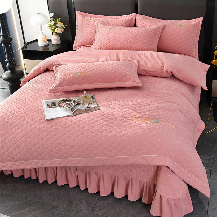 91家纺网 家纺一手货源 找家纺 代芙家纺 2025新款锦棉床盖四件套-压线款 花香-压线款-豆沙粉