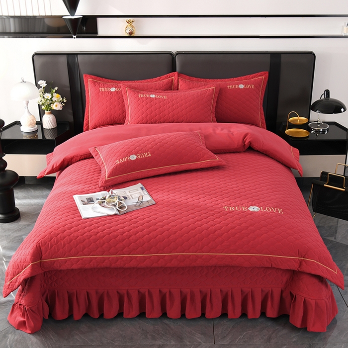 91家纺网 家纺一手货源 找家纺 代芙家纺 2025新款锦棉床盖四件套-压线款 花香-压线款-酒红