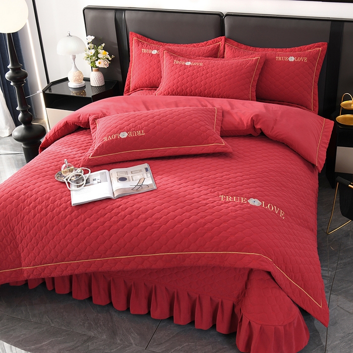 91家纺网 家纺一手货源 找家纺 代芙家纺 2025新款锦棉床盖四件套-压线款 花香-压线款-酒红