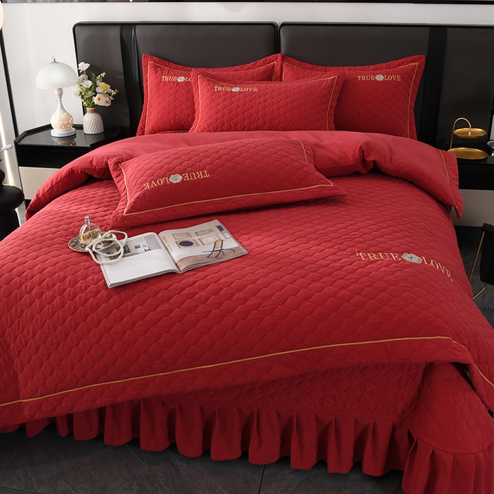 91家纺网 家纺一手货源 找家纺 代芙家纺 2025新款锦棉床盖四件套-压线款 花香-压线款-酒红