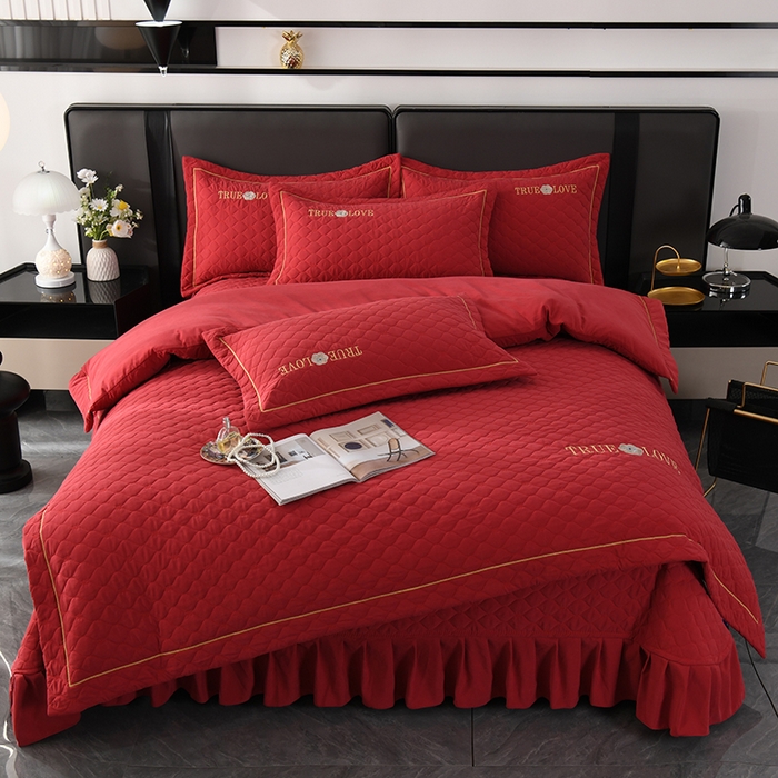 91家纺网 家纺一手货源 找家纺 代芙家纺 2025新款锦棉床盖四件套-压线款 花香-压线款-酒红