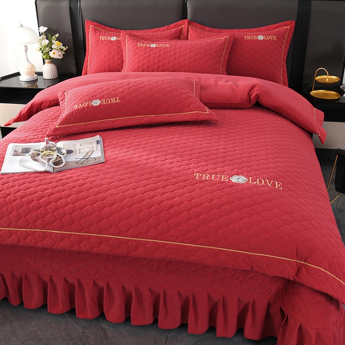 91家纺网 家纺一手货源 找家纺 代芙家纺 2025新款锦棉床盖四件套-压线款 花香-压线款-酒红