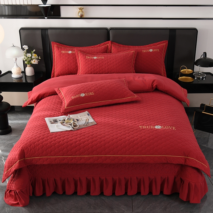 91家纺网 家纺一手货源 找家纺 代芙家纺 2025新款锦棉床盖四件套-压线款 花香-压线款-酒红