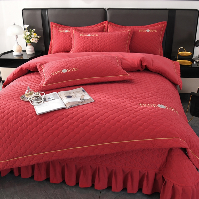 91家纺网 家纺一手货源 找家纺 代芙家纺 2025新款锦棉床盖四件套-压线款 花香-压线款-酒红