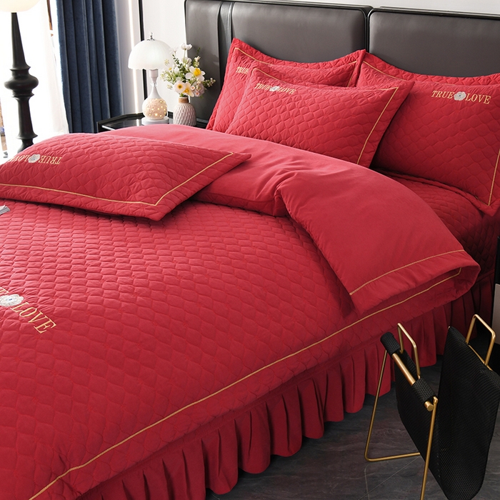 91家纺网 家纺一手货源 找家纺 代芙家纺 2025新款锦棉床盖四件套-压线款 花香-压线款-酒红