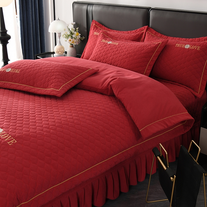 91家纺网 家纺一手货源 找家纺 代芙家纺 2025新款锦棉床盖四件套-压线款 花香-压线款-酒红