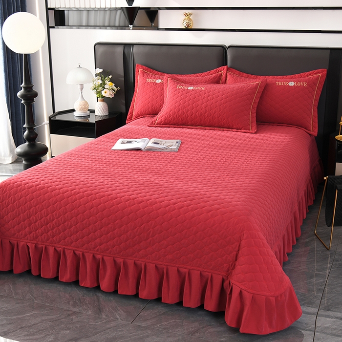 91家纺网 家纺一手货源 找家纺 代芙家纺 2025新款锦棉床盖四件套-压线款 花香-压线款-酒红