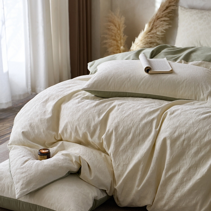 91家纺网 家纺一手货源 找家纺 禾时 2025新款60s轻奢提花磨毛四件套-郁见春色 郁见春色-米白