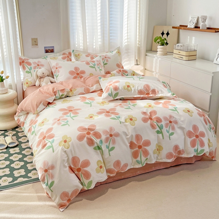 91家纺网 家纺一手货源 找家纺 金盛纺 2025新款全棉印花四件套 桔阳花