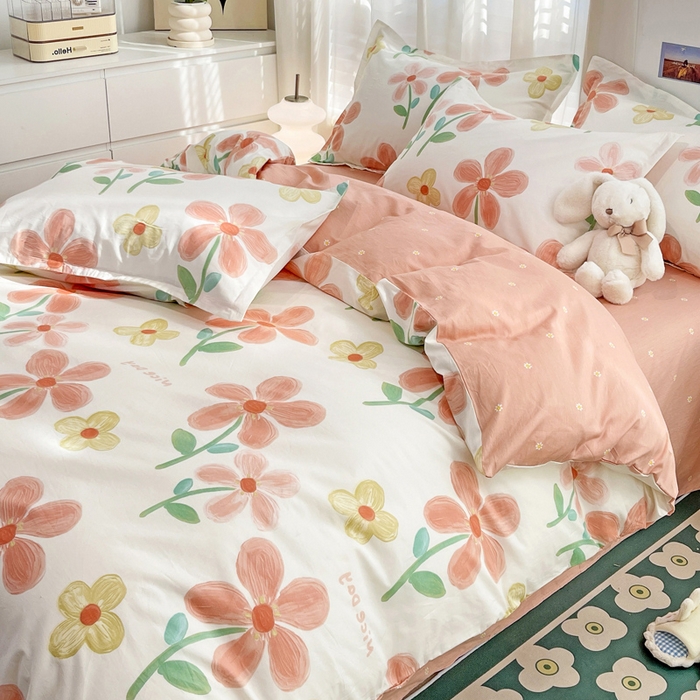 91家纺网 家纺一手货源 找家纺 金盛纺 2025新款全棉印花四件套 桔阳花