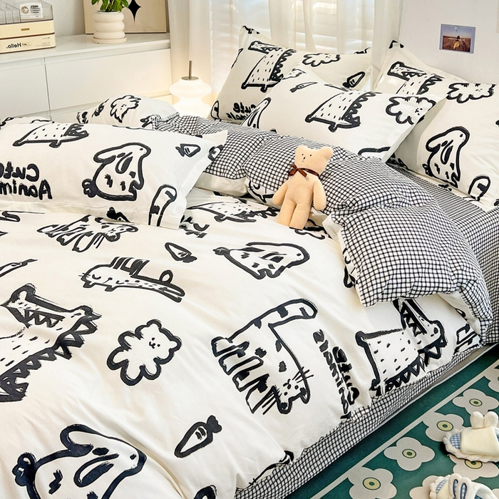 91家纺网 家纺一手货源 找家纺 金盛纺 2025新款全棉印花四件套 趣味恐龙