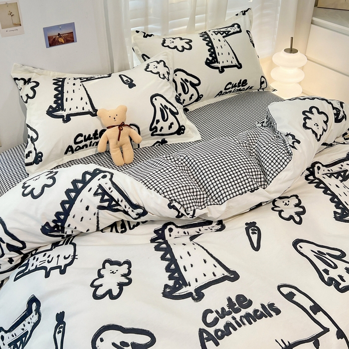 91家纺网 家纺一手货源 找家纺 金盛纺 2025新款全棉印花四件套 趣味恐龙